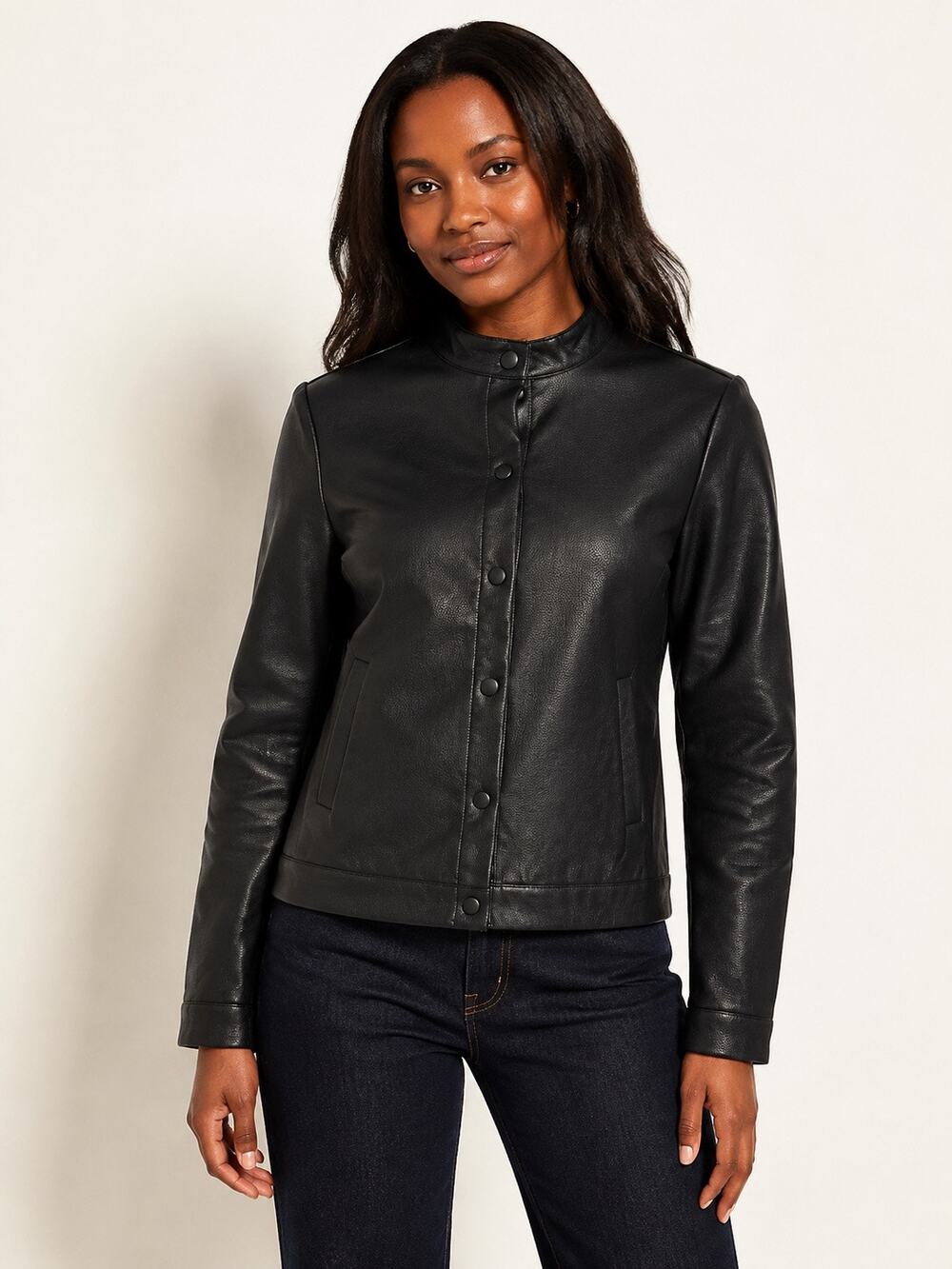 LK & JNS DEW Faux Leather Jacket Women’s Small Black Snap Front Moto